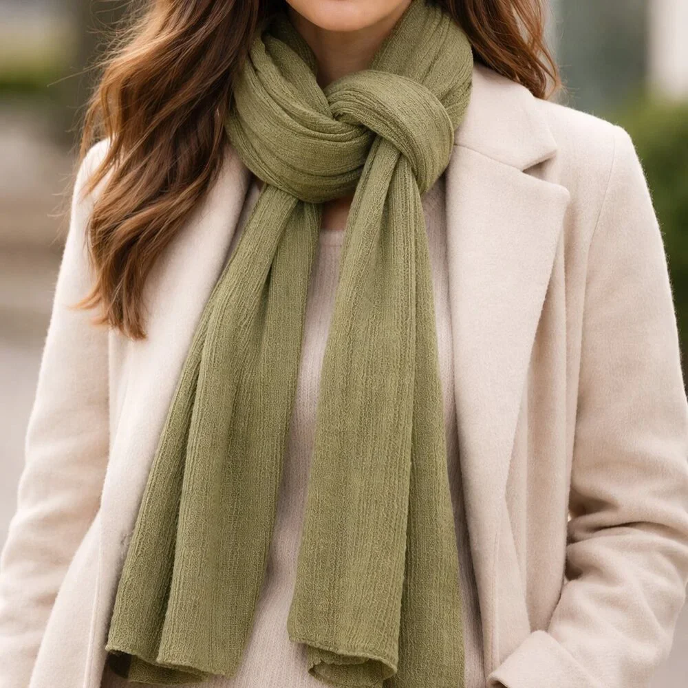 Women’s Olive Green Ribbed Knit Scarf Wrap Shawl